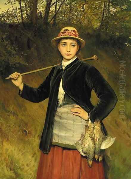 A young girl carrying partridges Oil Painting by Charles Sillem Lidderdale