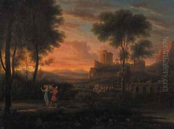 Tobias and the Angel in an Italianate landscape Oil Painting by Hendrik Frans van Lint (Studio Lo)