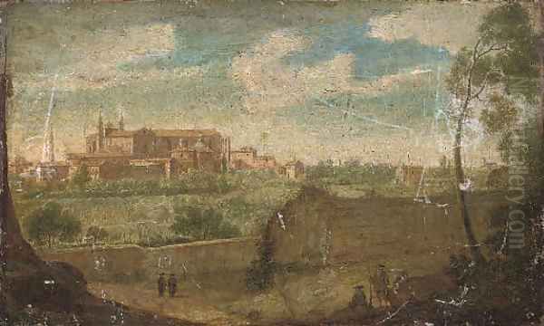 A wooded landscape with figures by a wall in the foreground and a view of the Basilica of St John Lateran, Rome beyond Oil Painting by Hendrik Frans van Lint (Studio Lo)