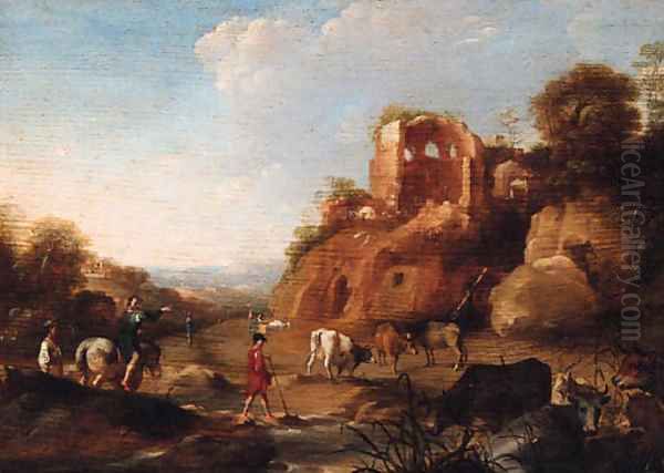 An Italianate landscape with drovers by a stream, classical ruins on a hill beyond Oil Painting by Dirck van der B Lisse