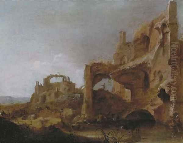 An Italianate landscape with herdsmen watering cattle among classical ruins Oil Painting by Dirck van der B Lisse