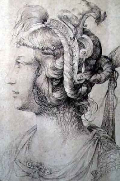 Profile of Woman wearing a Fantastical Head-dress with Grotesque Masks Oil Painting by Jacopo Ligozzi