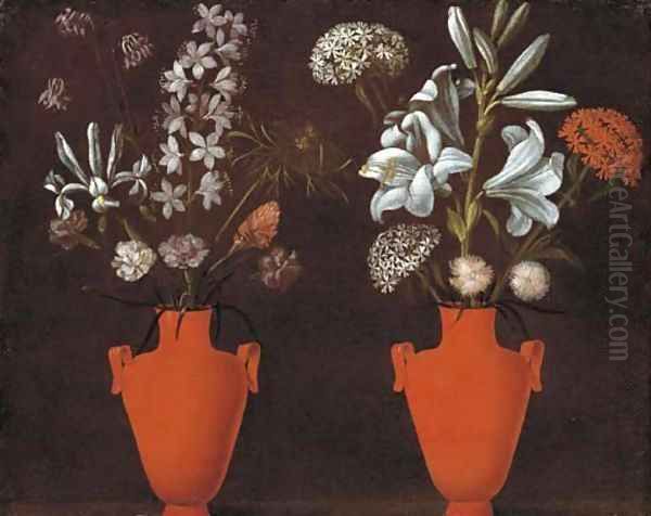 Two red vases with lilies Oil Painting by Jacopo Ligozzi