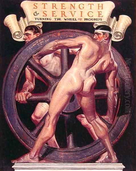 Strength and Service Turning the Wheel of Progress Oil Painting by Francis Xavier Leyendecker