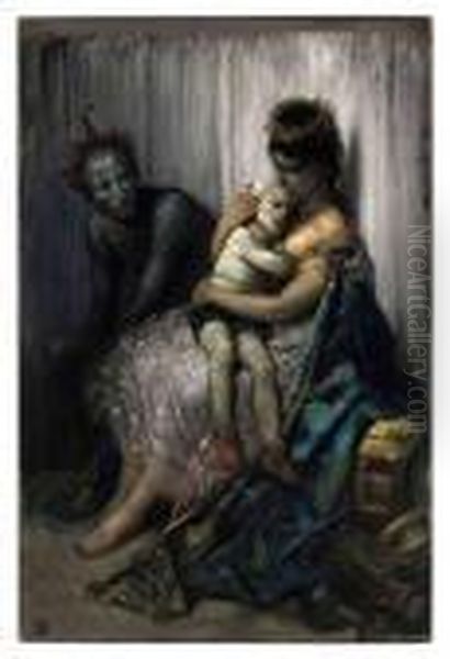 La Famille Du Saltimbanque: L'enfant Blesse Oil Painting by Gustave Dore