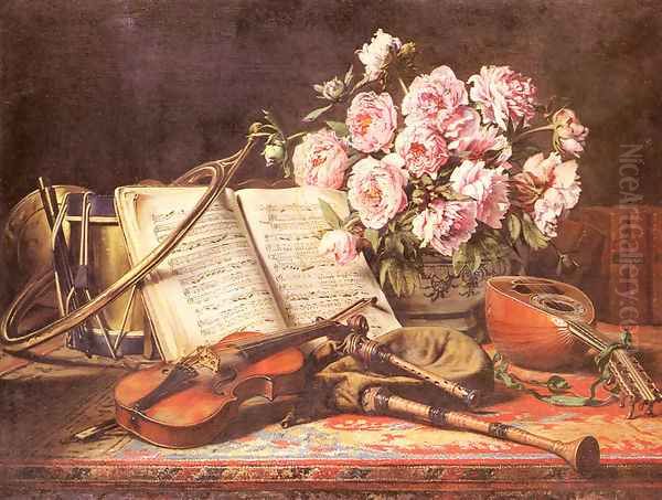 A Musical Still Life Oil Painting by Charles Antoine Joseph Loyeux