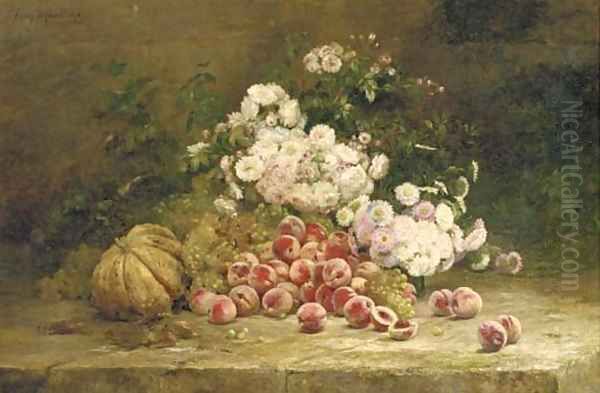 Summer flowers and fruit on a stone ledge Oil Painting by Albert-Tibulle Furcy De Lavault