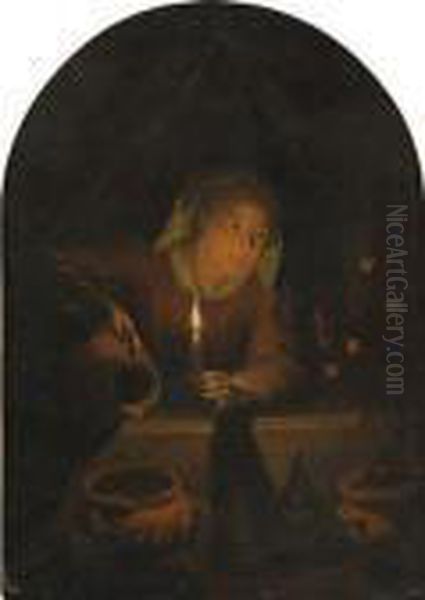 A Young Woman Watering Potted Plants By Candlelight Oil Painting by Gerrit Dou