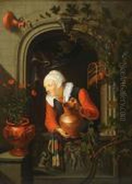 Woman Watering Plants In A Window Niche Oil Painting by Gerrit Dou