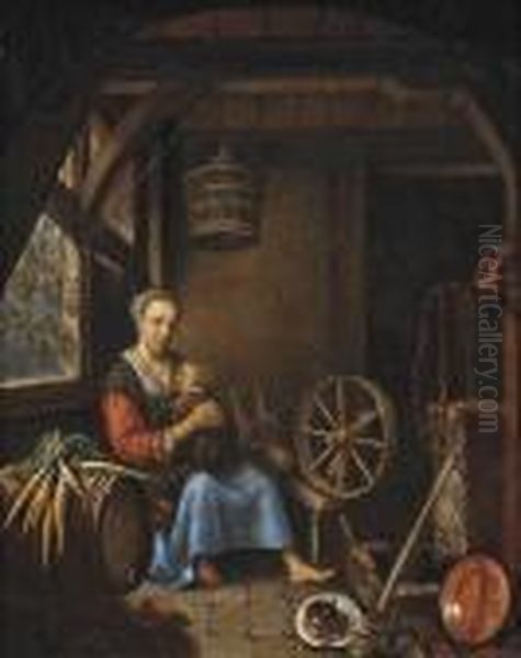 A Woman And Child In A Domestic Interior Oil Painting by Gerrit Dou