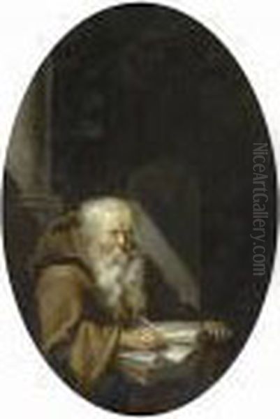 An Elderly Man Compiling A Manuscript Oil Painting by Gerrit Dou