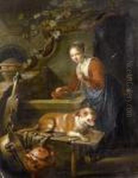 Woman With Dog At A Well Oil Painting by Gerrit Dou