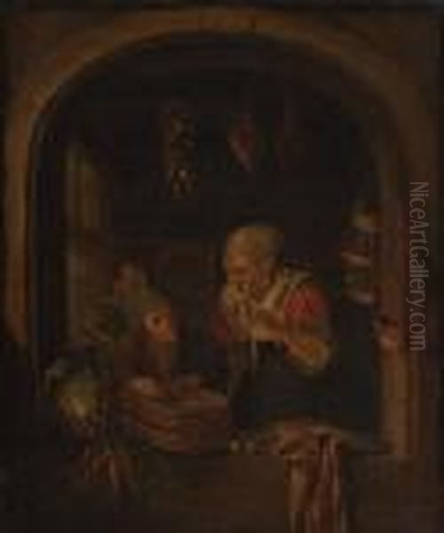 Heringsverkauferin Mit Dienstmadchen In Einer Nische Oil Painting by Gerrit Dou