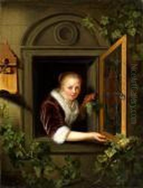 Junge Frau Im Fensterrahmen Oil Painting by Gerrit Dou