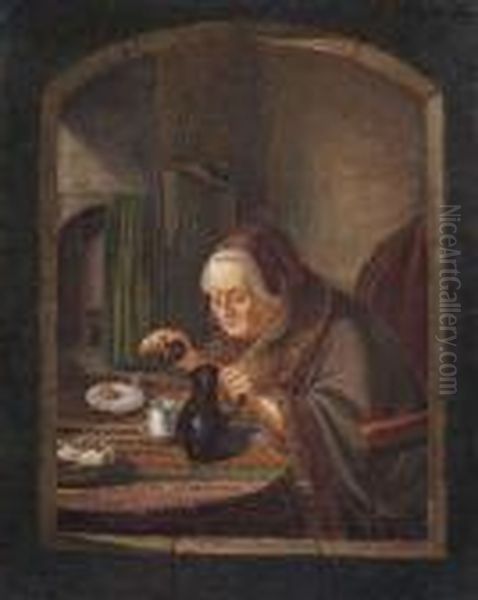 Anelderly Woman Taking Breakfast At A Window. Oil Painting by Gerrit Dou