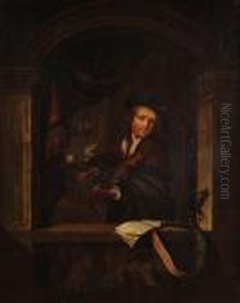 Vioolspeler In Venster. Oil Painting by Gerrit Dou