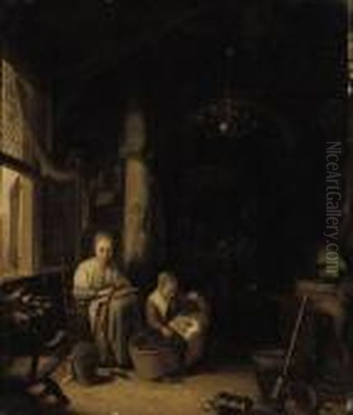 A Young Mother With Her Children In An Interior Oil Painting by Gerrit Dou