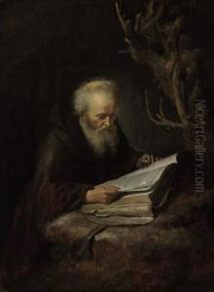 A Hermit Saint Reading In A Cave Oil Painting by Gerrit Dou