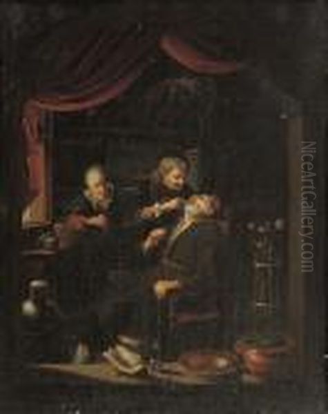 A Figure Having His Tooth Pulled In An Interior Oil Painting by Gerrit Dou