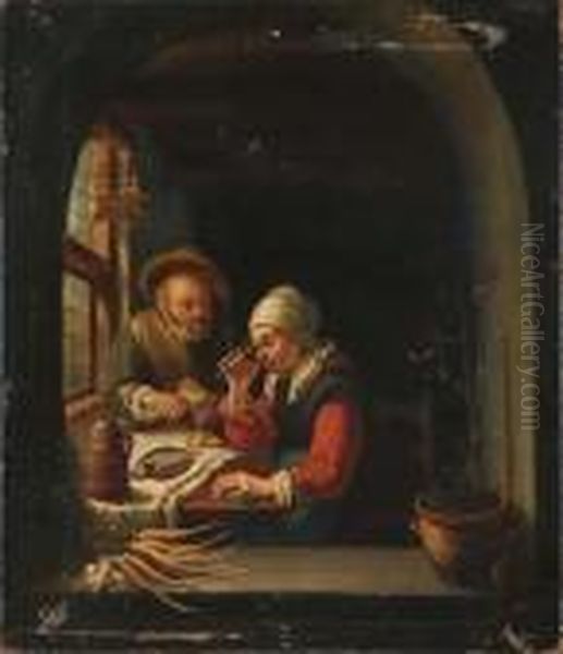 Blick Durch Einen Fensterbogen In Eine Kuche Mit Speisendem Paar An Dem Gedeckten Tisch Oil Painting by Gerrit Dou