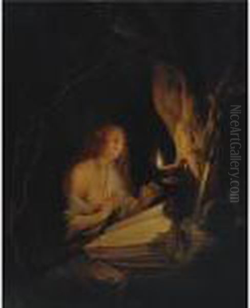 The Penitent Magdalene By Candlelight Oil Painting by Gerrit Dou