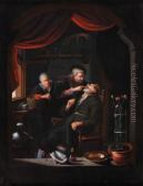 A Dentistexamining The Tooth Of A
 Man Seated In A Chair, An Old Womanpeeping Through A Window Oil Painting by Gerrit Dou