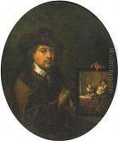 Portrait Of The Painter Holding A Family Portrait, In A Paintedoval Oil Painting by Gerrit Dou