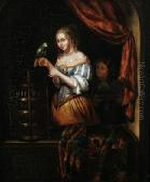 A Lady Feeding A Parrot Oil Painting by Gerrit Dou