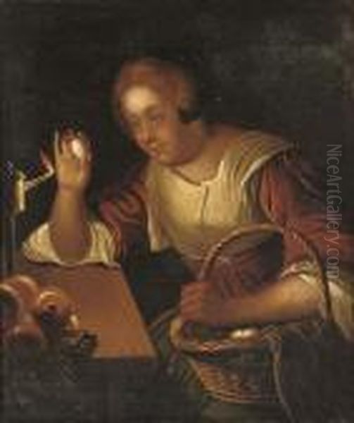 A Kitchen Maid With A Basket Of Eggs Oil Painting by Gerrit Dou