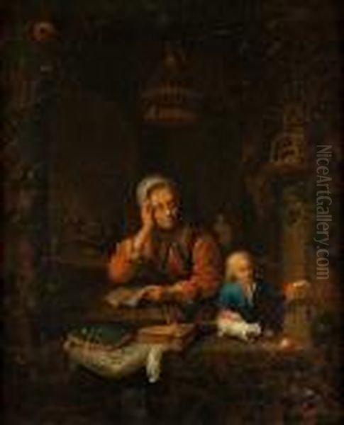 An Old Woman And Boy With Cat In Awindow Oil Painting by Gerrit Dou