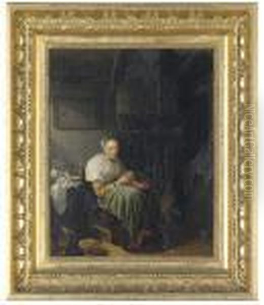 A Woman Peeling Potatoes Oil Painting by Gerrit Dou