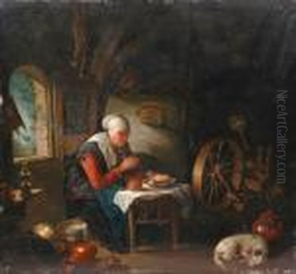 Interior, A Woman Saying Grace 
Before Eating, Spinning Wheel, Pots,basket And A Sleeping Dog, An Open 
Window To The Left by Gerrit Dou