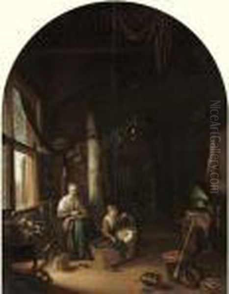 A Mother With Her Children By A Window In An Interior Oil Painting by Gerrit Dou