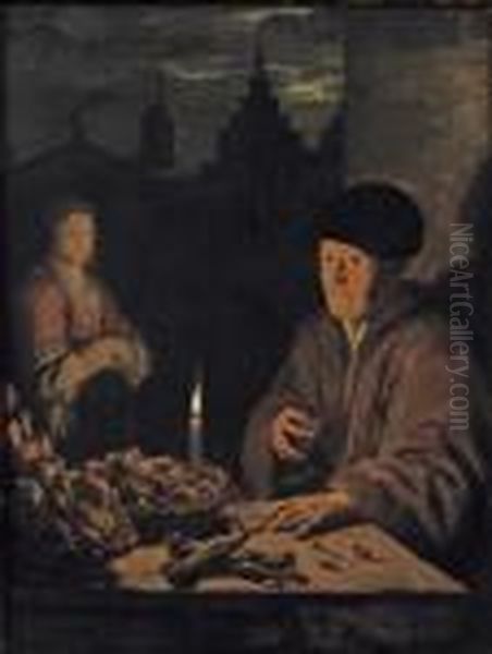 A Woman Selling Fish And Vegetables By Candle Light Oil Painting by Gerrit Dou