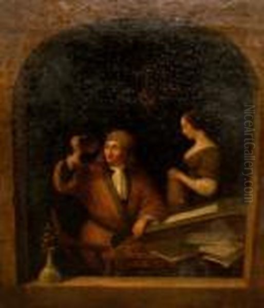 A Gentleman Seated By A Window 
With A Writing Slope Examining A Flask Of Liquid A Young Woman In 
Attendance Oil Painting by Gerrit Dou