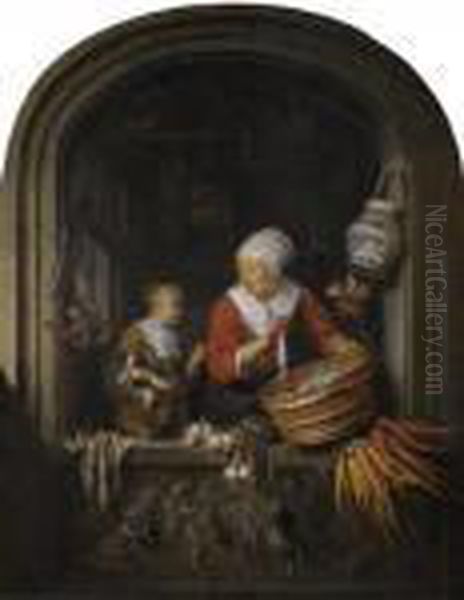 Eine Heringsverkauferin Mit Dienstmadchen In Einer Nische. Oil Painting by Gerrit Dou