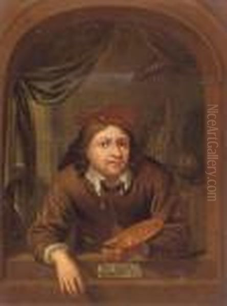 Portrait Of Gerard Dou Leaning From His Studio Window, Brushes And Palet In His Hand Oil Painting by Gerrit Dou