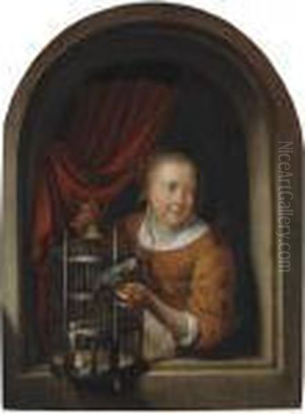 Young Girl With A Perroquet In A Niche Oil Painting by Gerrit Dou