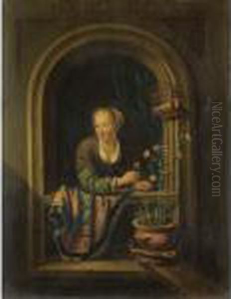 Ragazza Alla Finestra Con Un Vaso Di Garofani Oil Painting by Gerrit Dou