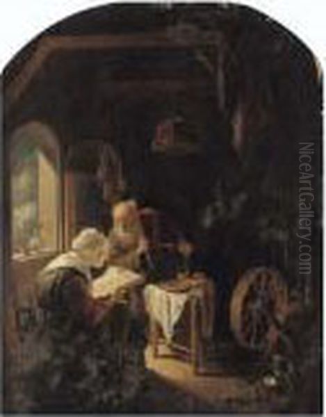 A Couple In A Kitchen Interior Oil Painting by Gerrit Dou