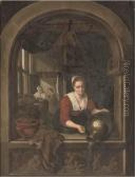 A Girl With A Water Jug At A Casement Oil Painting by Gerrit Dou