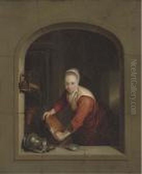 A Girl Washing Pans At A Casement Oil Painting by Gerrit Dou