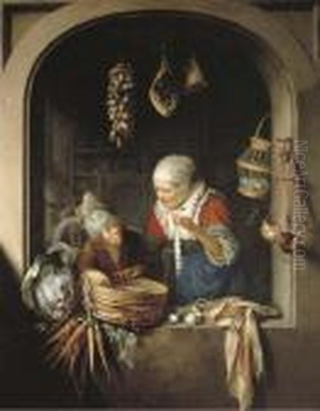 The Grocer's Shop: The Herring-seller And The Boy Oil Painting by Gerrit Dou