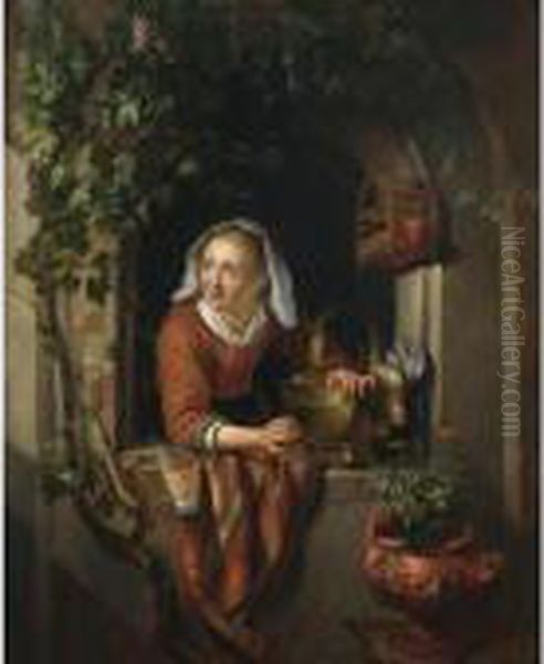 A Woman At A Partially Draped 
Casement With Dead Fowl In A Bucket By A Birdcage And Flowers In An Urn Oil Painting by Gerrit Dou