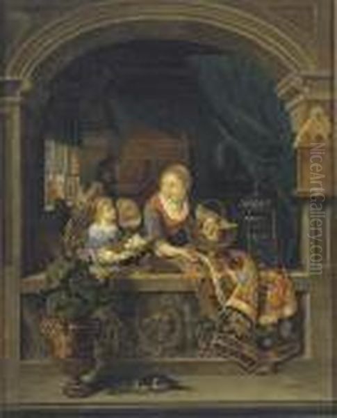 Woman Standing In A Stone Niche 
Holding A Copper Bowl With Peaches Two Girls With A Basket Of Eggs 
Beside Her Oil Painting by Gerrit Dou