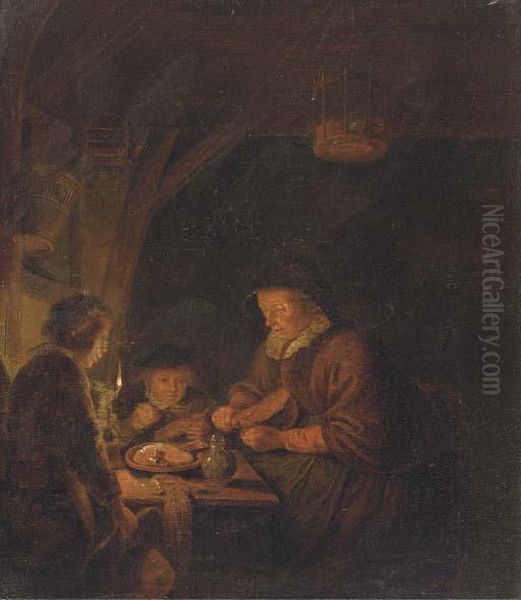 An Old Woman And Two Children Eating By Candlelight In An Interior Oil Painting by Gerrit Dou