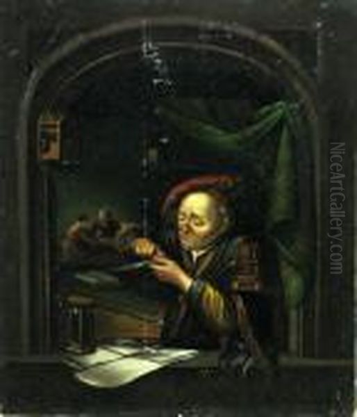 A Scholar Sharpening His Quill Pen At A Window Oil Painting by Gerrit Dou