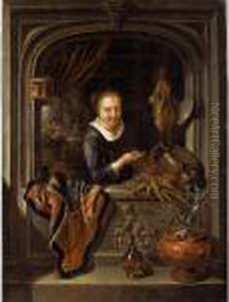 A Girl In A Stone Archway Holding Up A Pheasant Oil Painting by Gerrit Dou