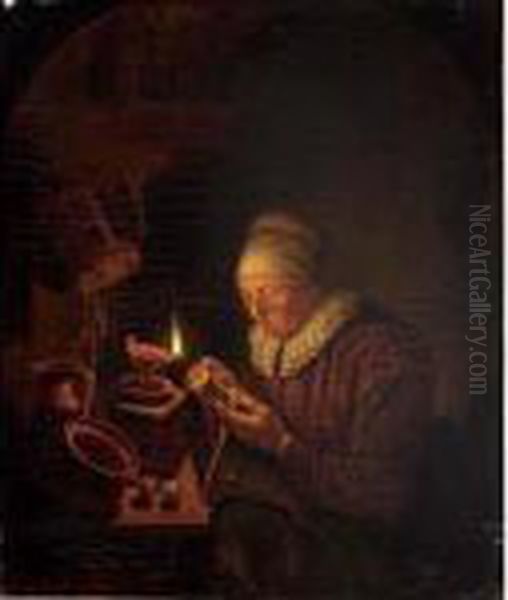 An Elderly Lady Mending A Spool By Candle Light Oil Painting by Gerrit Dou