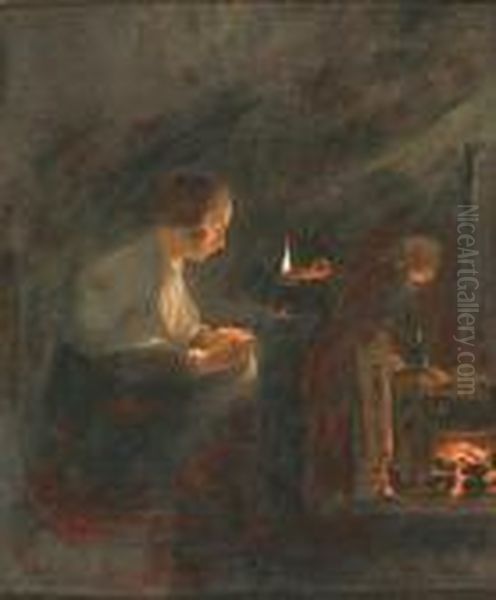 Woman Sewing By Candlelight Oil Painting by Gerrit Dou